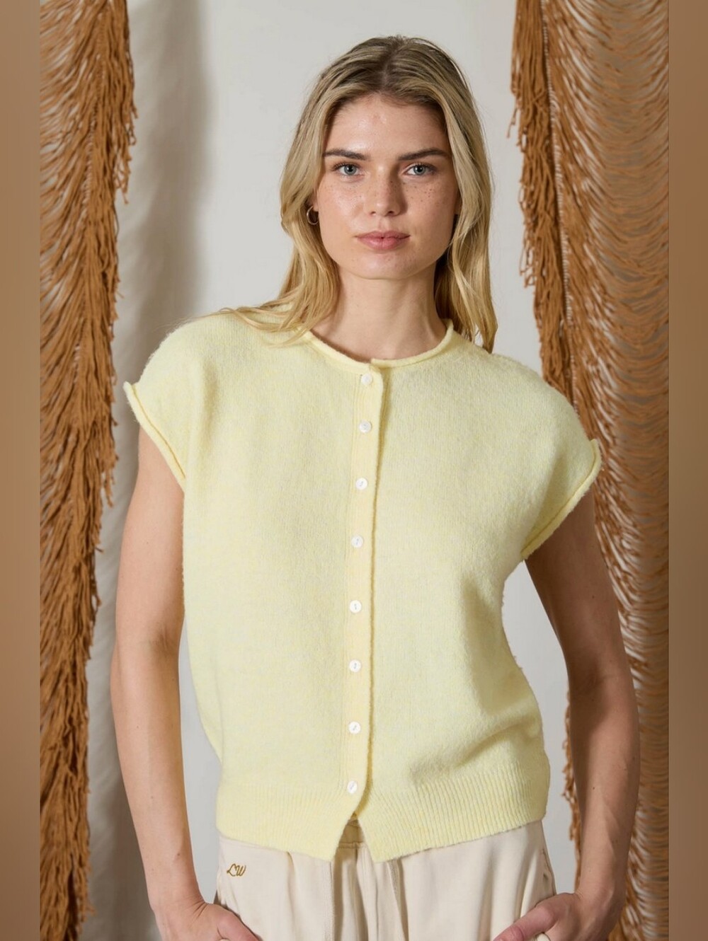 J.O.A. Butter Yellow Knit Cap Sleeve Cardigan Button Down Vest Top L